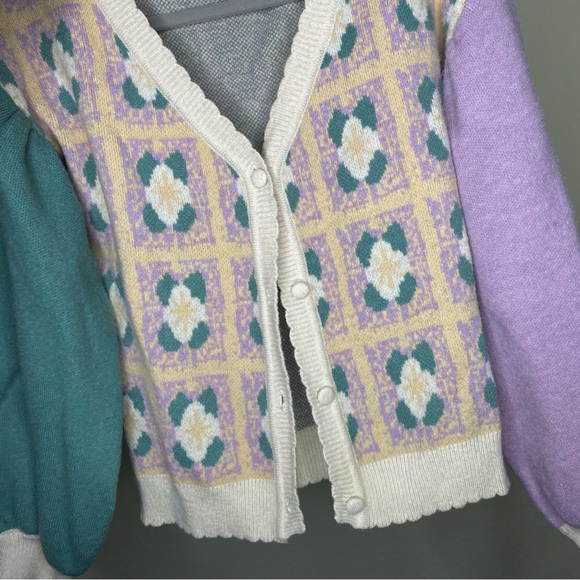 Karlie Purple Green Cream Mixed-Pattern Knit Cardigan - Picture 8 of 10